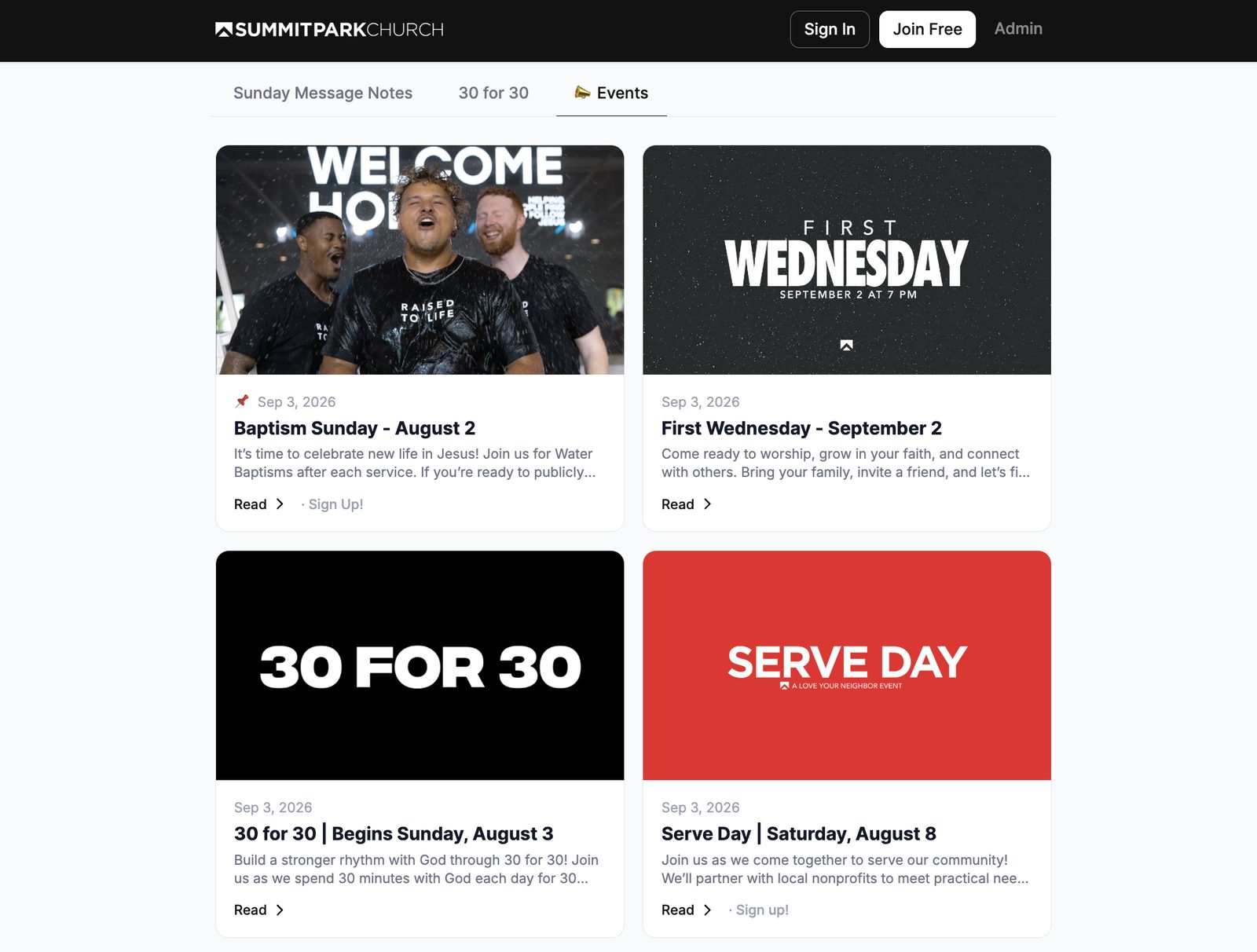 A church's digital bulletin on desktop, showing upcoming events and sign-ups